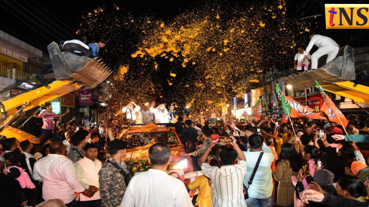 Bulldozer Shower of Flowers Welcomes CM Himanta Biswa Sarma in Nagaon During Jan Ashirwad Yatra
